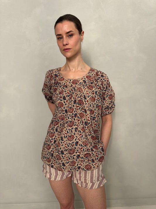 Block Printed Cotton Pleated Top